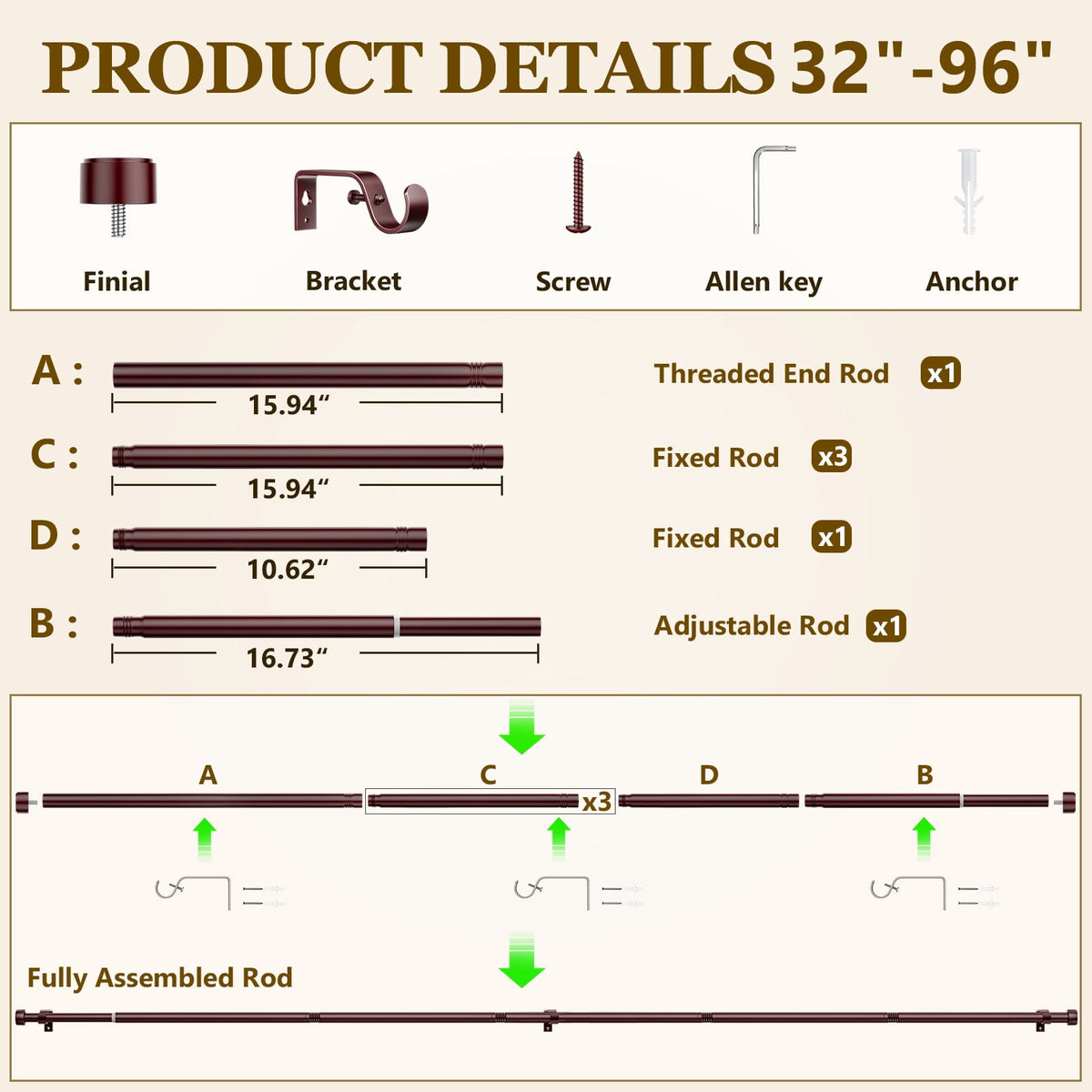 2 Pack Heavy Duty Adjustable Curtain Rods for Windows, 1-Inch Diameter Curtain Rod, 32-96 Inches (Brown)