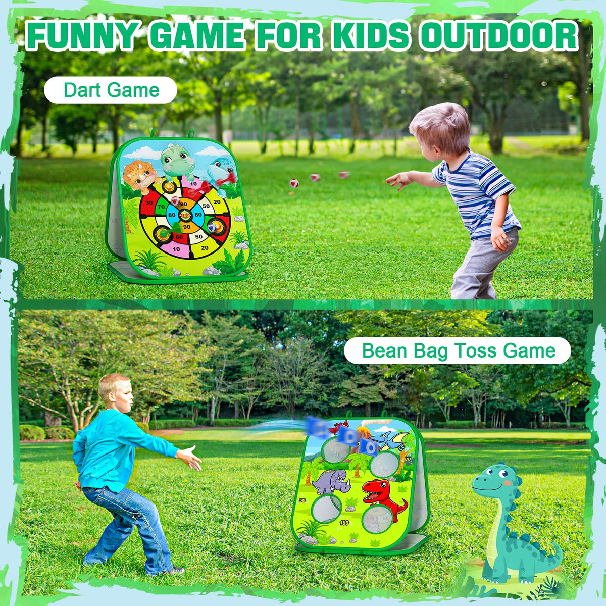 2-in-1 Dinosaur Bean Bag Toss Game, HXFOU Cornhole Set with 8 Cornhole Bags, Outdoor Toys for Toddlers 3-5, Backyard & Carnival Yard Games for Kids & Adults