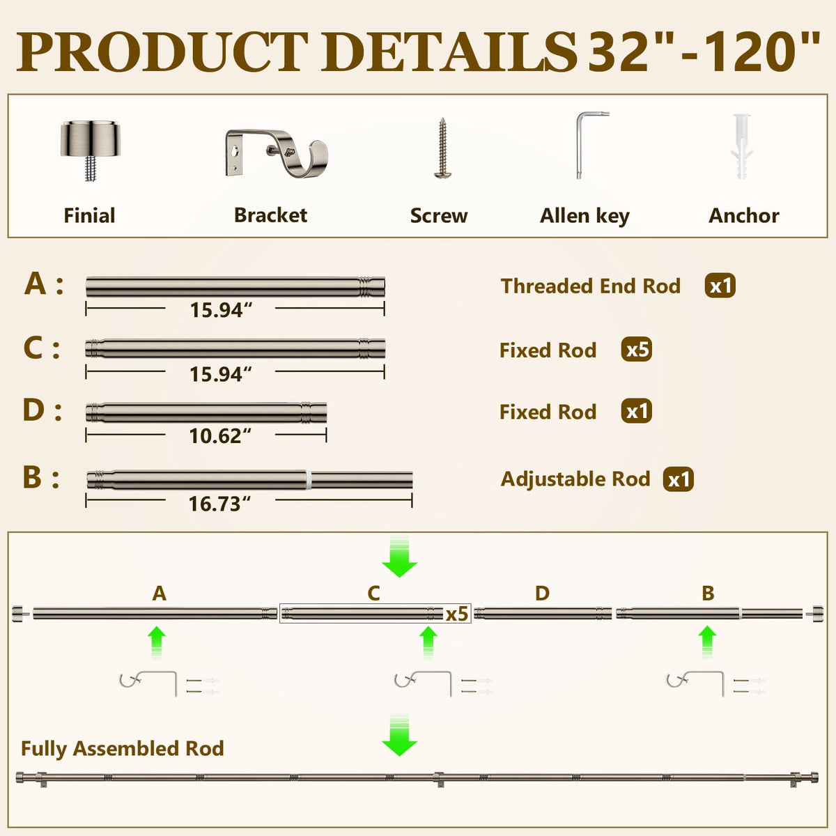 Heavy Duty Adjustable Curtain Rods for Windows, 1-Inch Diameter Curtain Rod, 32-150 Inches (Nickel)