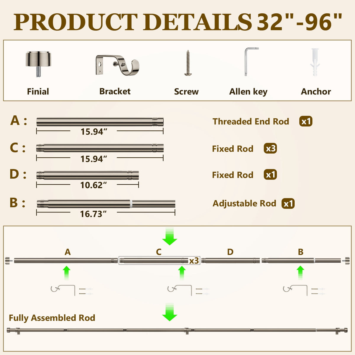 2 Pack Heavy Duty Adjustable Curtain Rods for Windows, 1-Inch Diameter Curtain Rod, 32-120 Inches (Nickel)