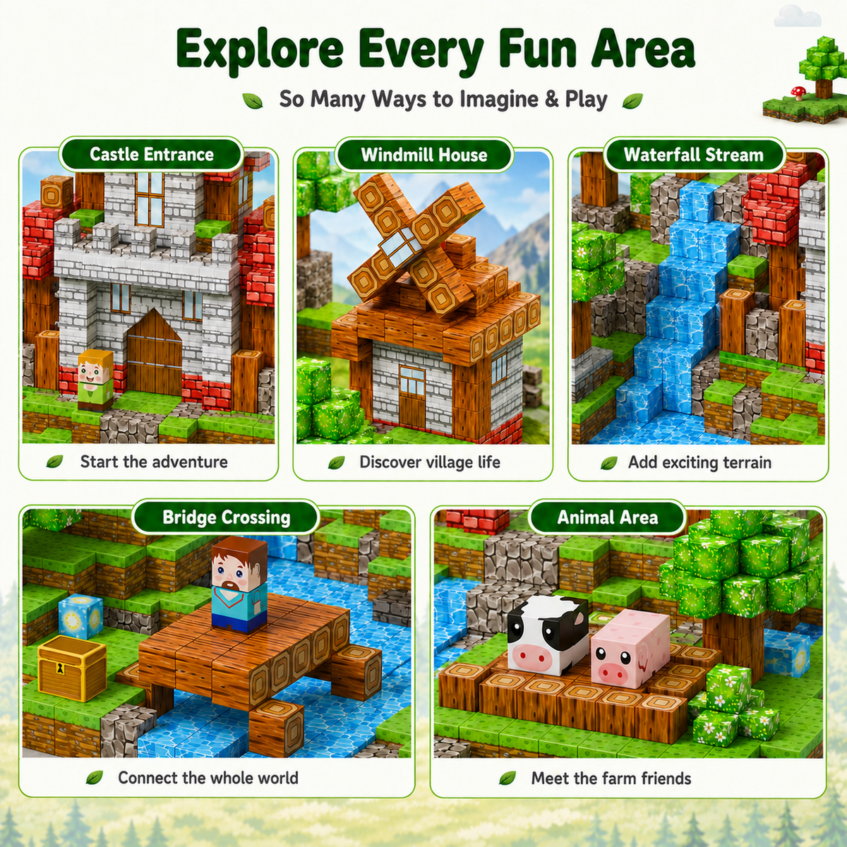 HXFOU 150PCS Forest Castle Magnetic Blocks , Magnetic Building Cubes Set with Strong Magnets, STEAM Building Blocks Toy Set with Forest Theme for Kids