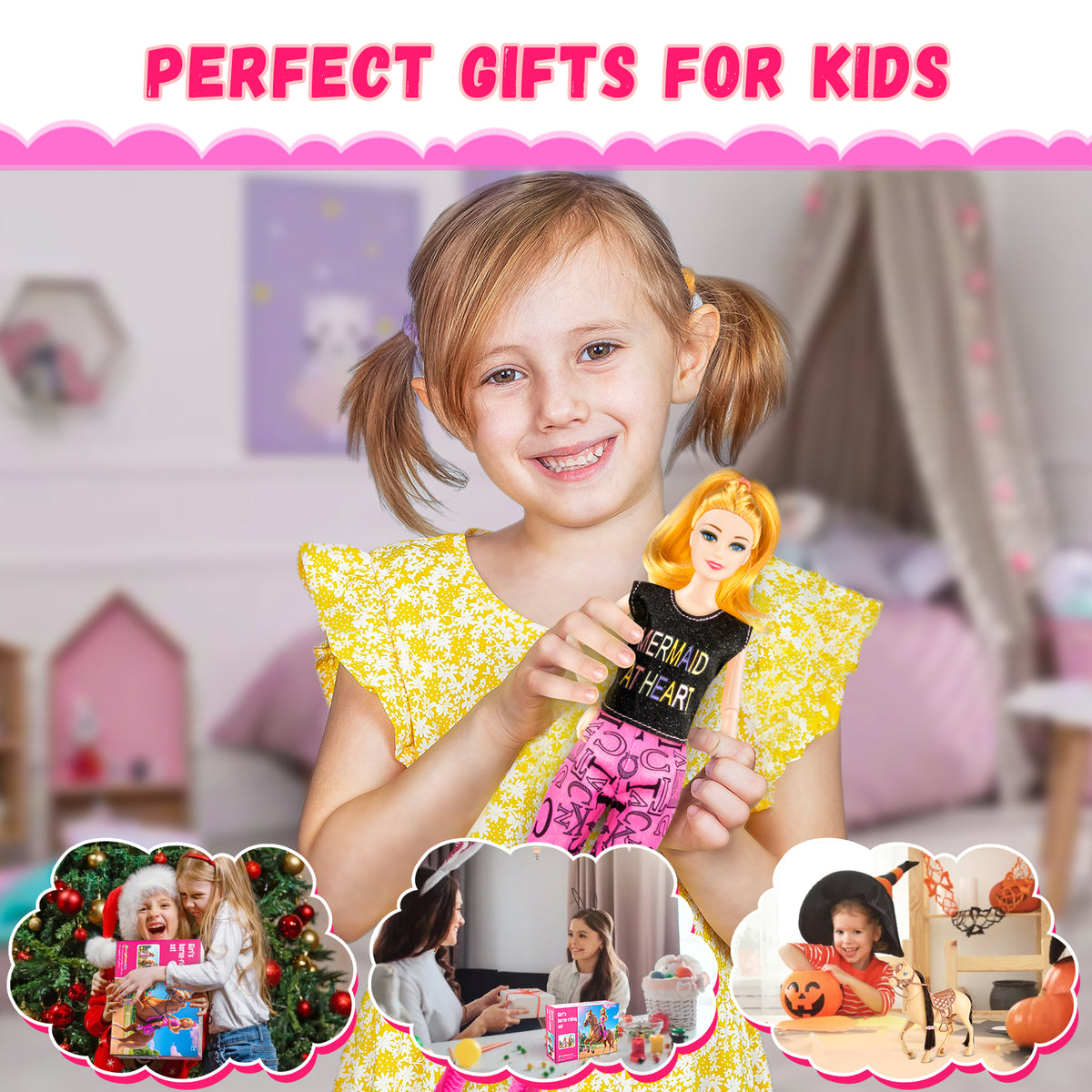 LXUNLN 60PCS Doll & Horse Playset, 11.5 Inch Blonde Fashion Doll with Riding Horse, Horse Grooming Accessories, Dress-Up Doll Accessories Set, Pretend Play Toy for Girls Ages 3+