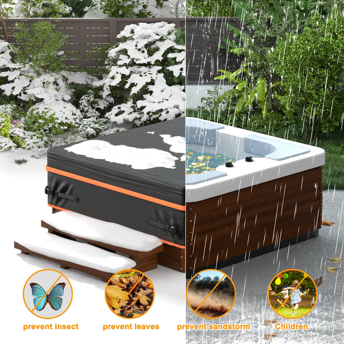 Outdoor SPA Hot Tub Cover Waterproof Square, 600D Heavy Duty Hot Tub Cover Protector with UV Protection, Spa Cover Cap 95" x 95" x 20", Black