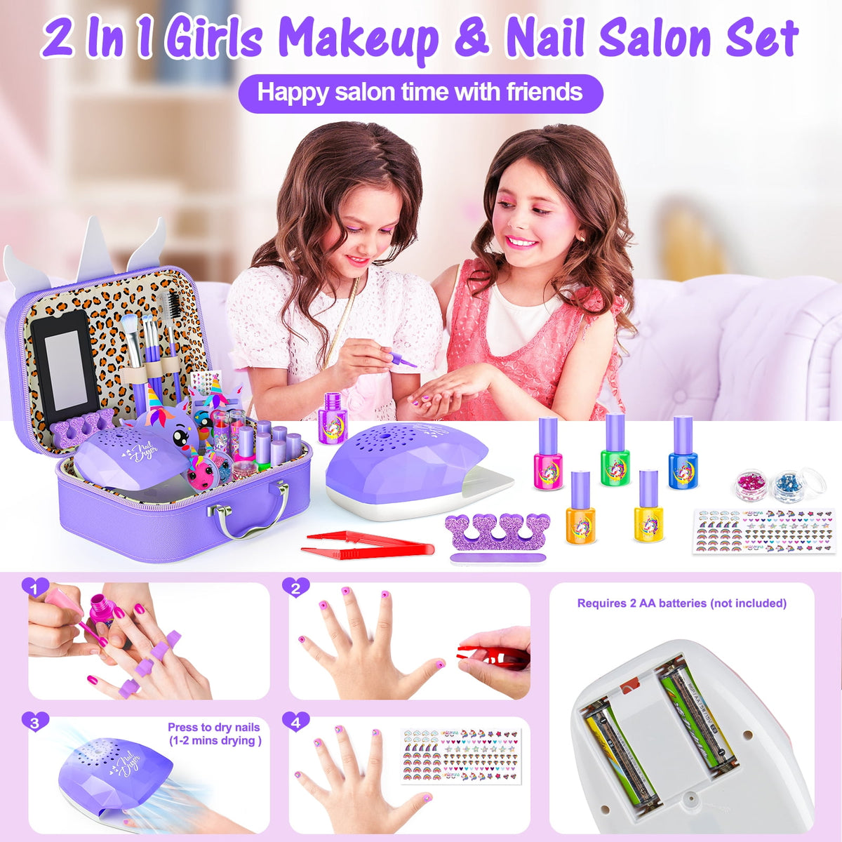 LXUNLN Kids Makeup Kit for Girls Ages 3-12, 2-in-1 Nail Salon Set with Unicorn Case(Purple)