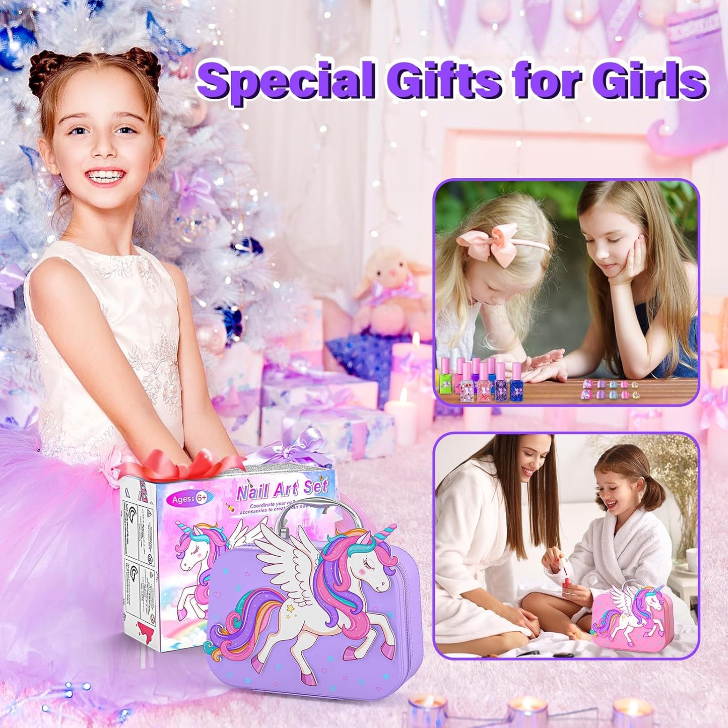 Kids Nail Polish Set for Girls Toys, Washable Quick-Dry Toddler Nail Art Kit with Air Cooling Dryer and Cosmetic Case, Christmas or Birthday Gifts for Girls Ages 3 4 5 6 7 9 10 11 12-Pink