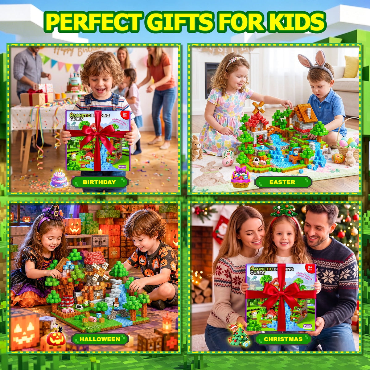 HXFOU 200PCS Forest Castle Magnetic Blocks for Kids Ages 3-12, Magnetic Building Cubes Set with Strong Magnets, Building Blocks STEM Educational Magnetic Toys with Forest Theme for Boys Girls