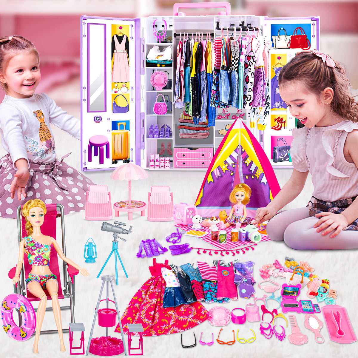 LXUNLN 164 PCS Doll Closet & Camping Playset with Clothes & Accessories , Toys for Girls Ages 3+