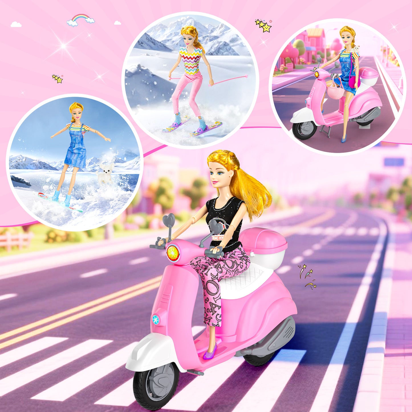 67Pcs Doll Dress Up Playset with Doll, Motorcycle, Skiing & Pet Set, 6 Outfits, 10 Shoes, Gift for Girls