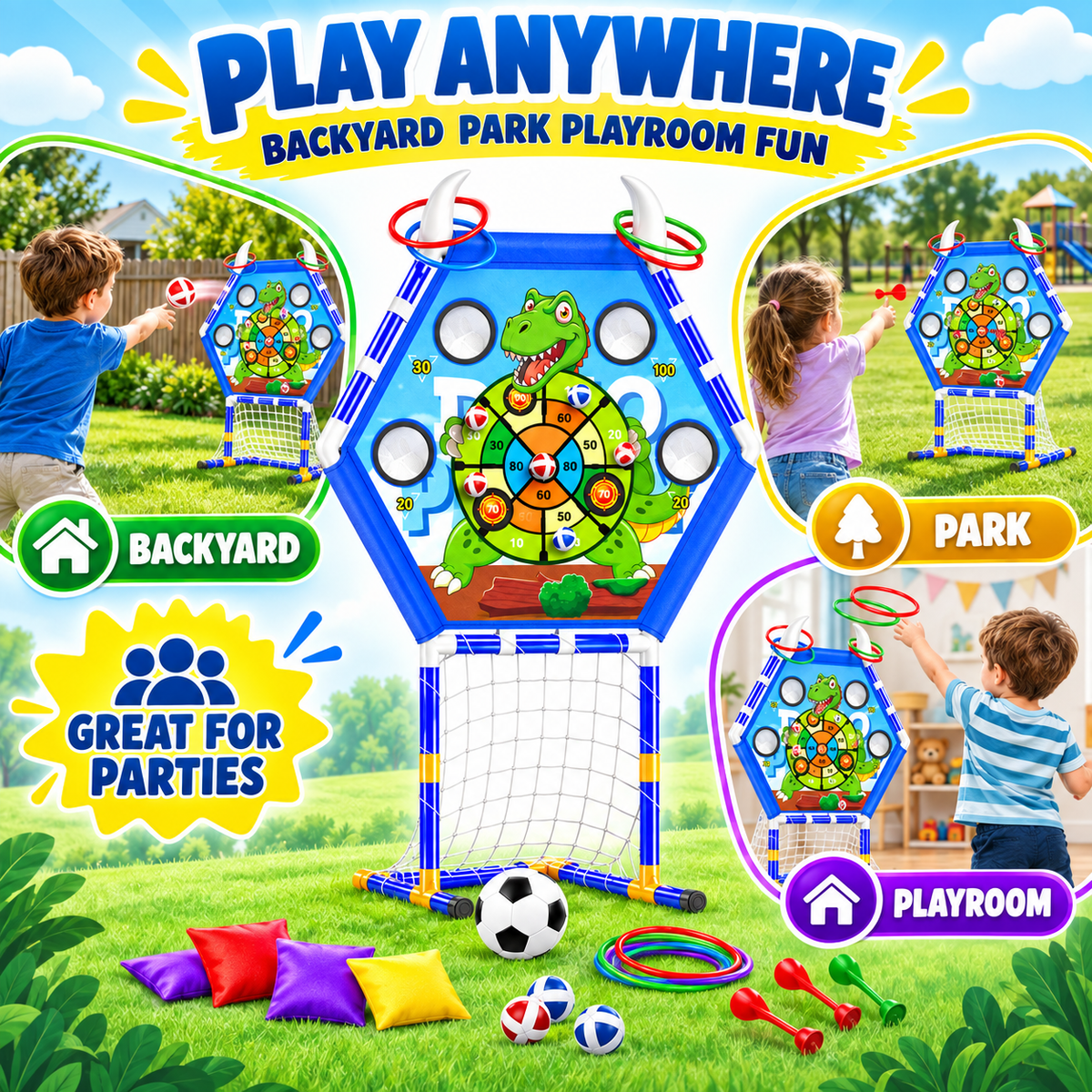 HXFOU 5-in-1 Kids Outdoor Toss Game Set with Soccer Goal Ring Toss Dart Board Indoor Outdoor Toys Ages 3+