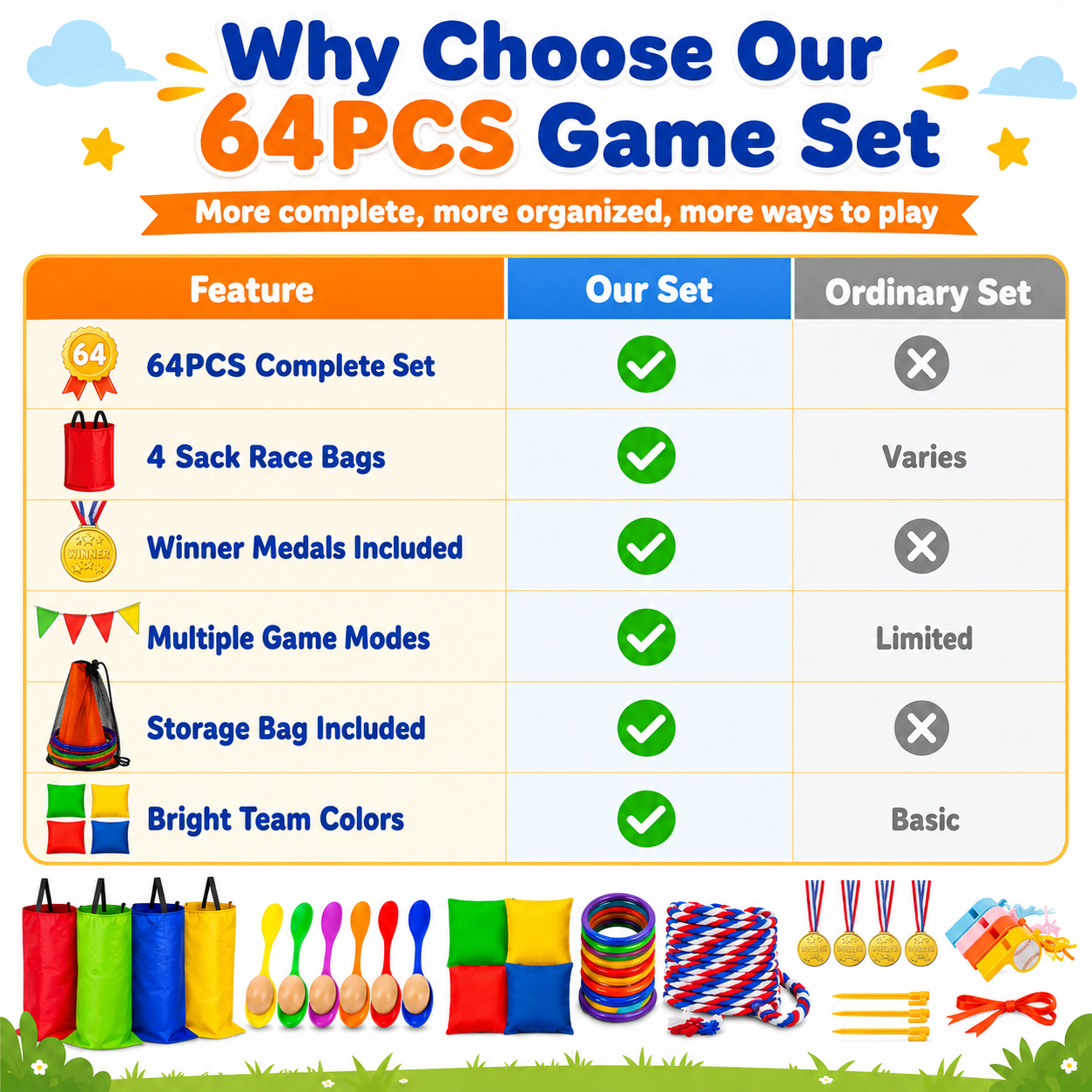 Sbekiev 64PCS Outdoor Games Set for Kids, Sack Race Bags, Egg and Spoon Race, Bean Bag Toss, Ring Toss, Cones, Medals, Backyard Field Day Games