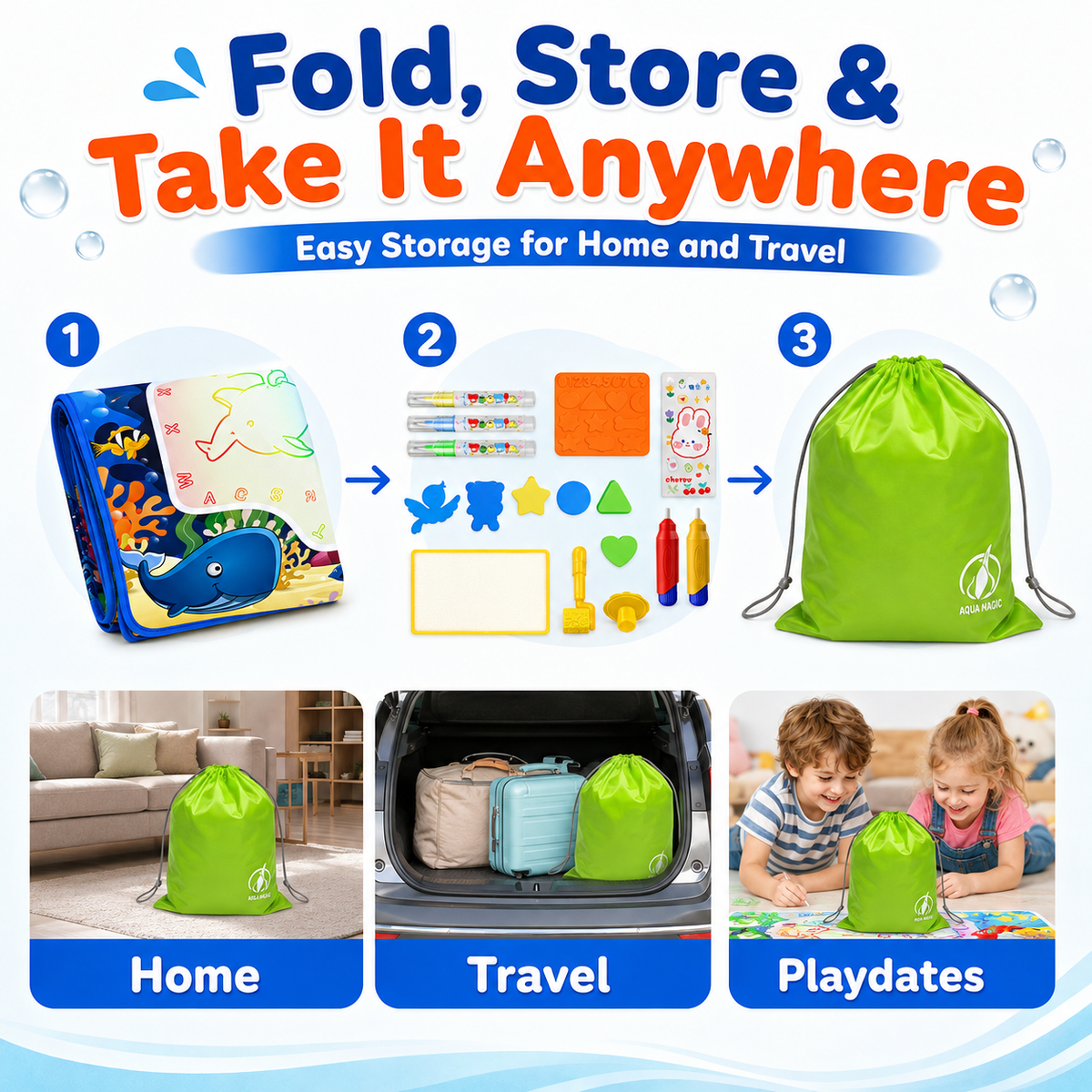 HXFOU Water Doodle Mat for Kids, Ocean Water Drawing Mat with Pens, Stamps, Templates and Storage Bag, Mess-Free Toddler Travel Toys for Ages 3+