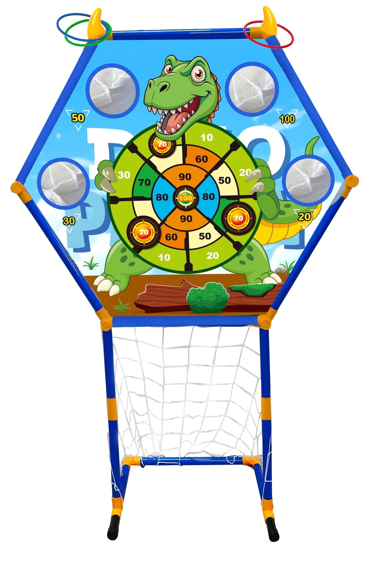 HXFOU 4-in-1 Kids Target Toss Game with Ring Toss & Soccer Goal, Dinosaur Indoor Outdoor Toy Set for Ages 3-8