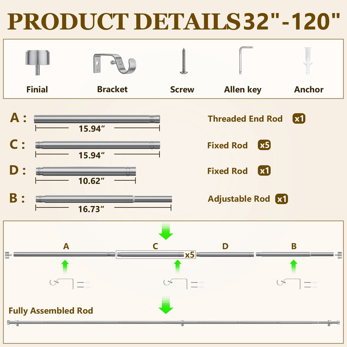 2 Pack Heavy Duty Adjustable Curtain Rods for Windows, 1-Inch Diameter Curtain Rod, 32-120 Inches (Slive)