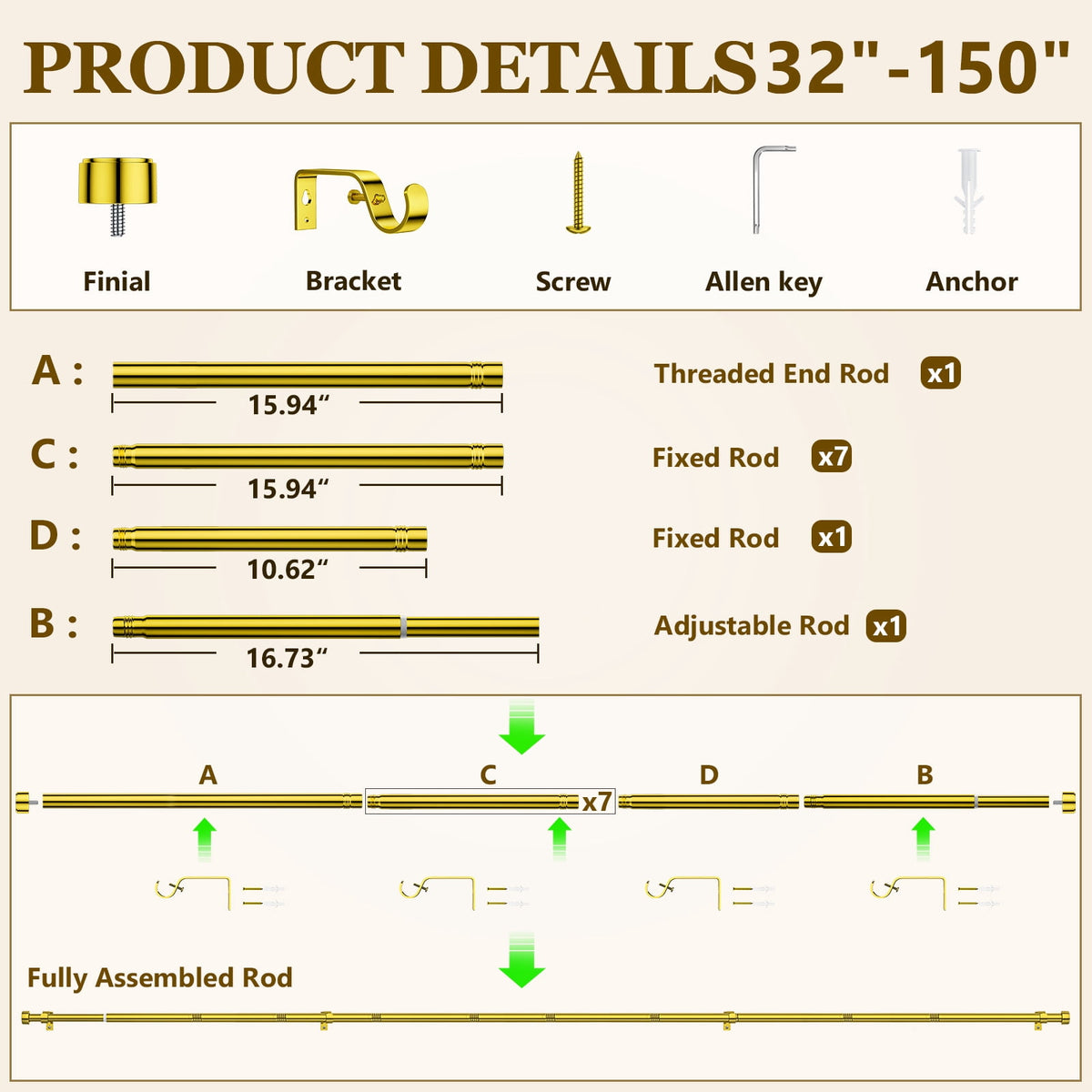 2 Pack Heavy Duty Adjustable Curtain Rods for Windows, 1-Inch Diameter Curtain Rod, 32-150 Inches (Gold)