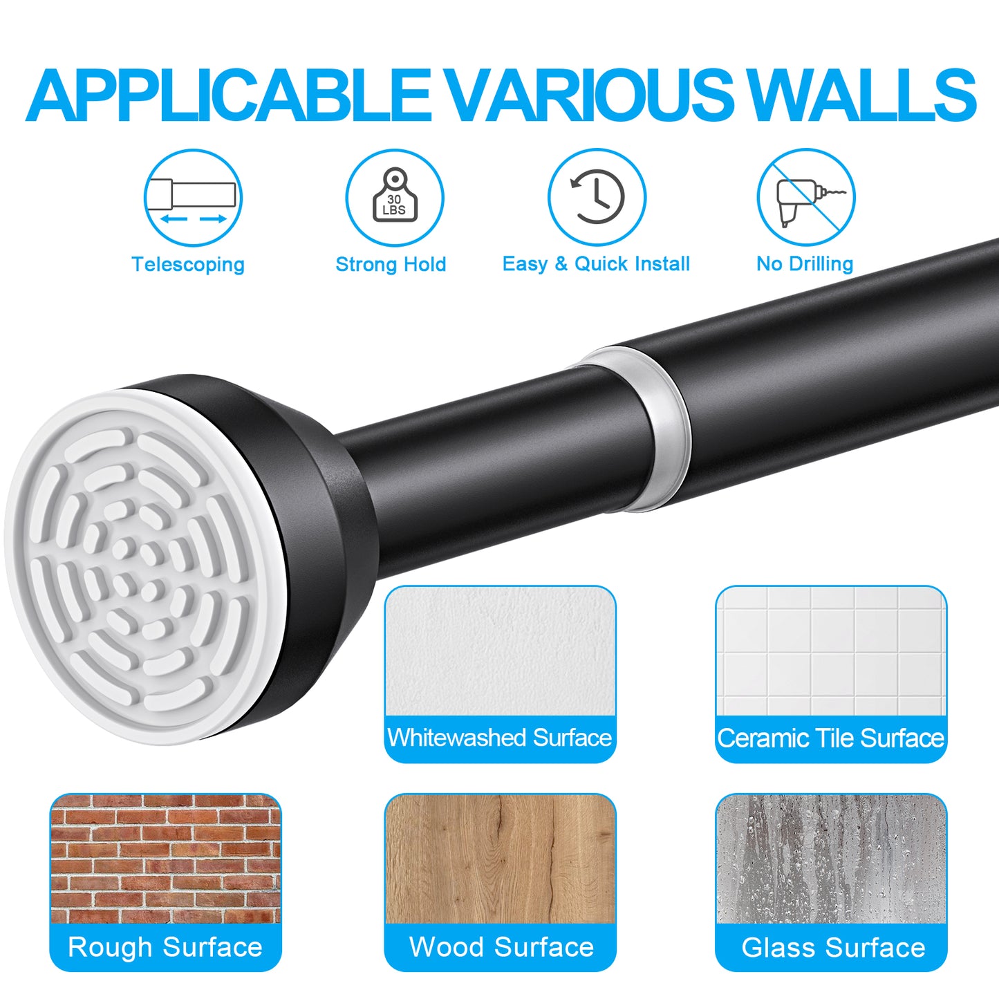 TITGIPE No hole telescopic shower curtain rod | 32-80 inches adjustable anti-skid spring rod | stainless steel rust resistance design | bathroom upgrade artifact no hole telescopic bath curtain rod