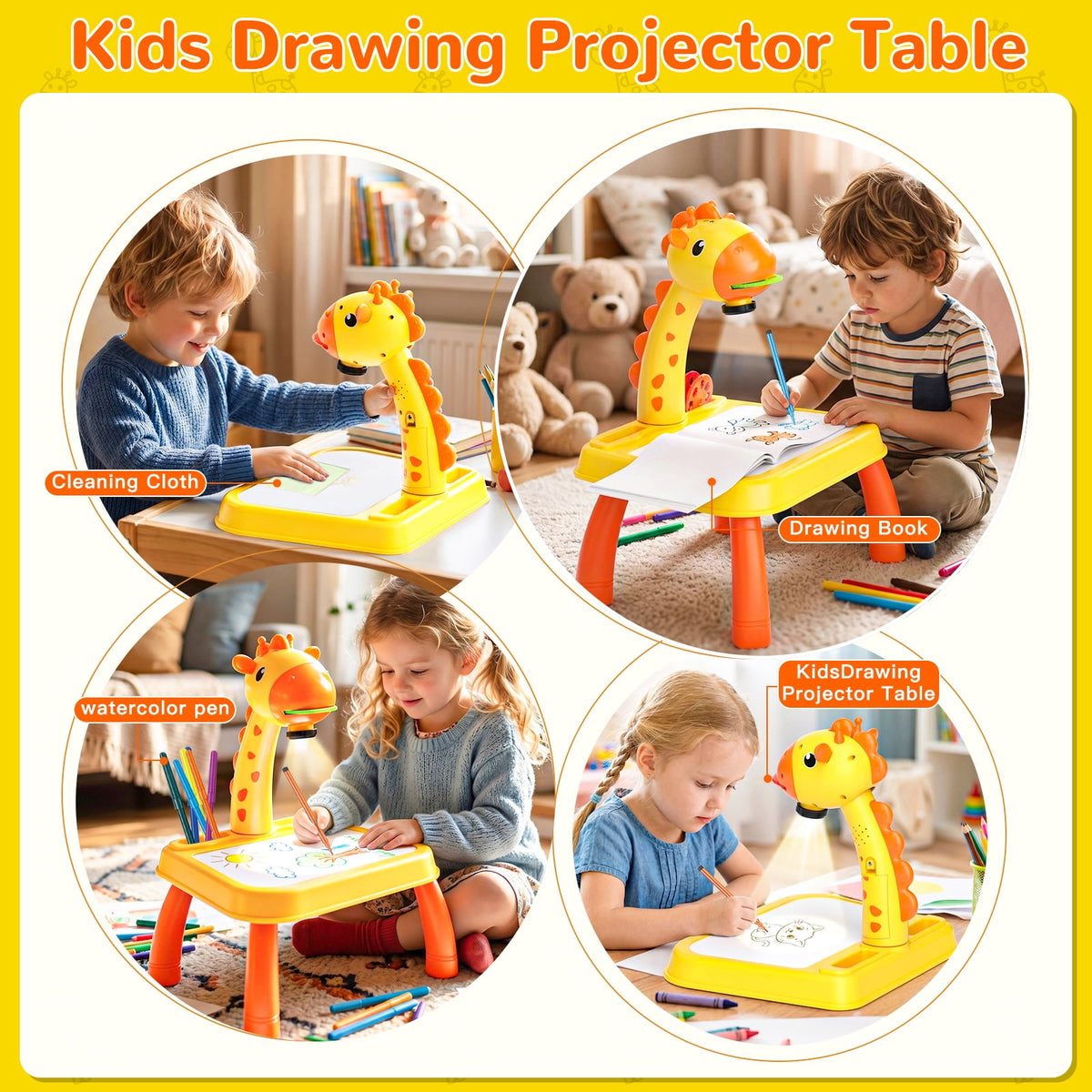 HXFOU 3-in-1 Kids Drawing Projector Kit with Music, Giraffe Shaped Art Tracing Projector for Toddlers, Includes Art Supplies & 72 Patterns, Gift for Ages 3+