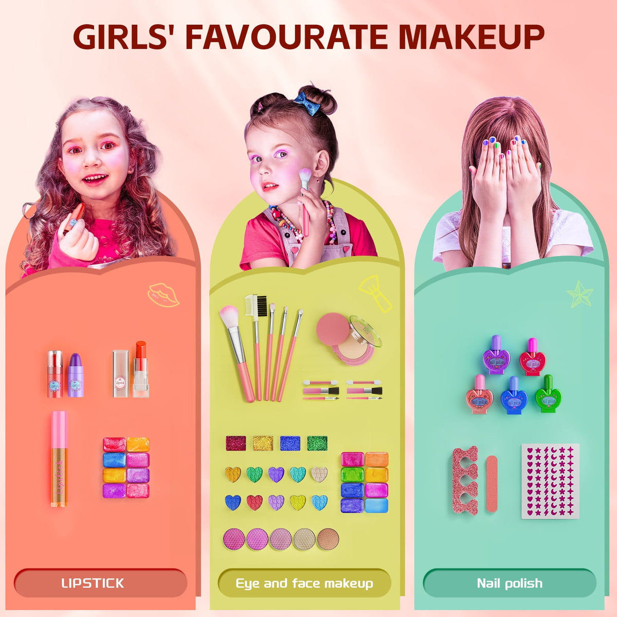 LXUNLN 62PCS Kids Makeup Kit for Girls with Portable Cosmetic Case & Mirror, Washable Makeup Set, Princess Pretend Play Toys, Gifts for Girls Ages 4-9