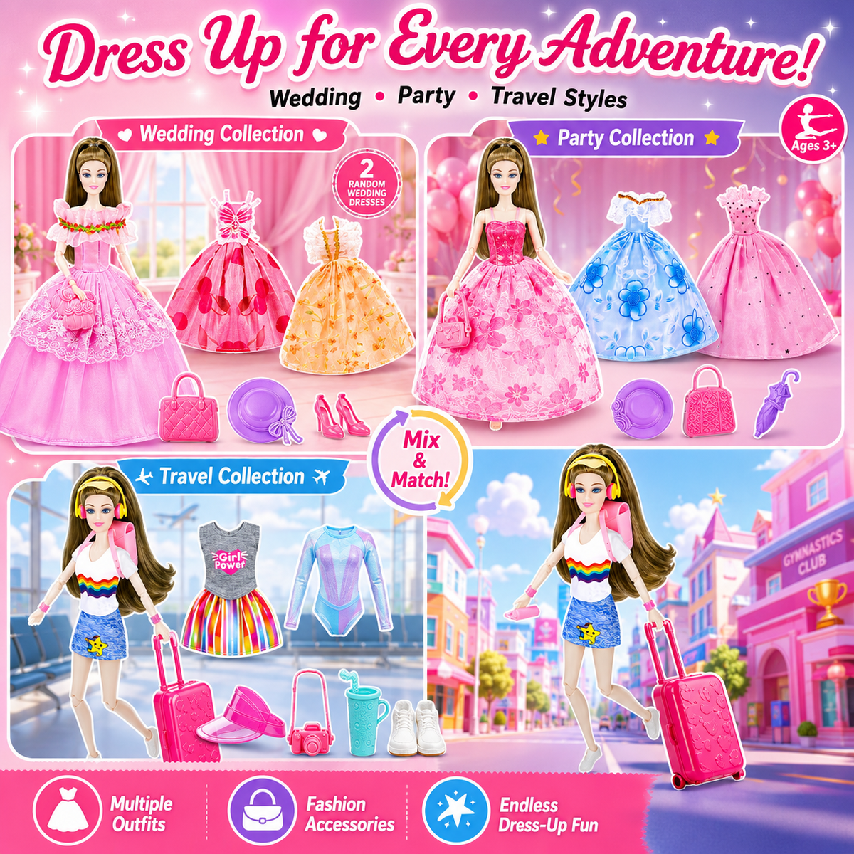 LXUNLN 259PCS Gymnastics Doll Playset with Clothes & Accessories for Girls Ages 3+