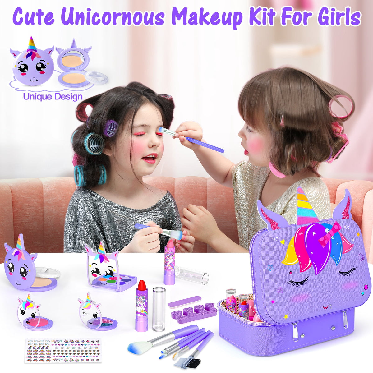 LXUNLN Kids Makeup Kit for Girls Ages 3-12, 2-in-1 Nail Salon Set with Unicorn Case(Purple)