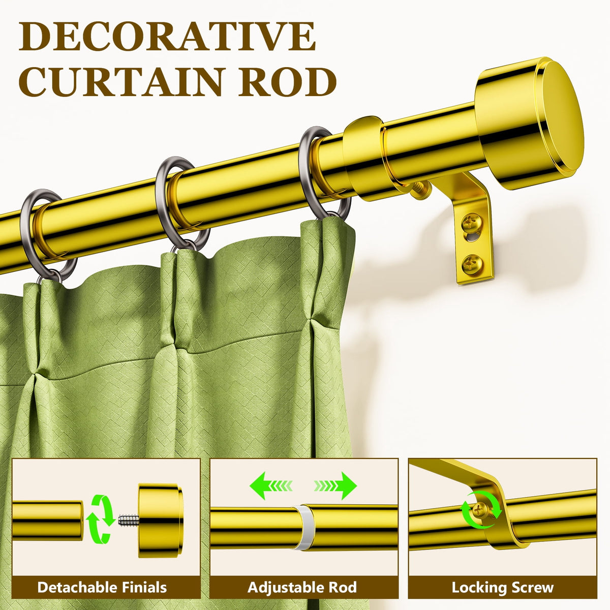 2 Pack Heavy Duty Adjustable Curtain Rods for Windows, 1-Inch Diameter Curtain Rod, 32-120 Inches (Gold)
