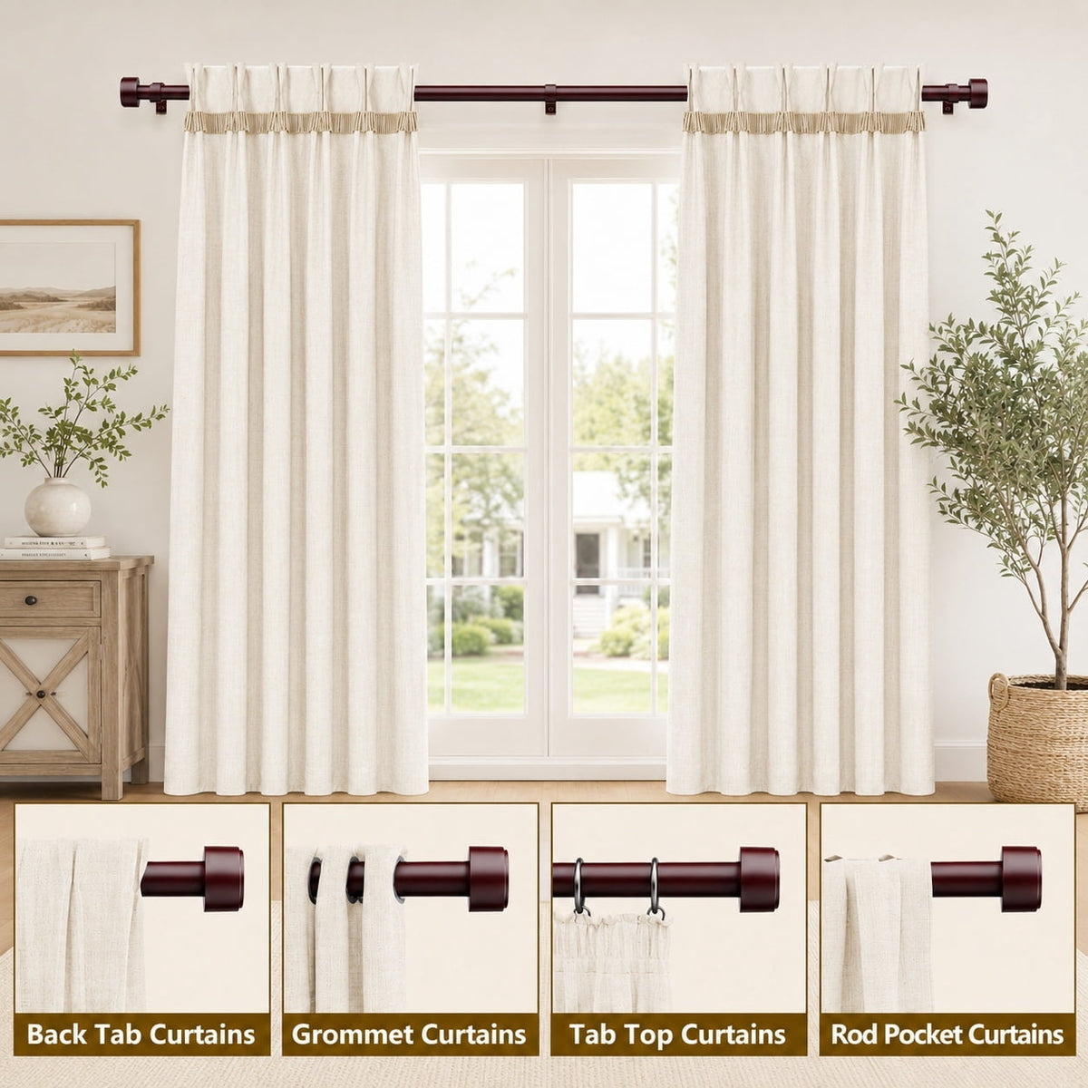 2 Pack Heavy Duty Adjustable Curtain Rods for Windows, 1-Inch Diameter Curtain Rod, 32-150 Inches (Brown)