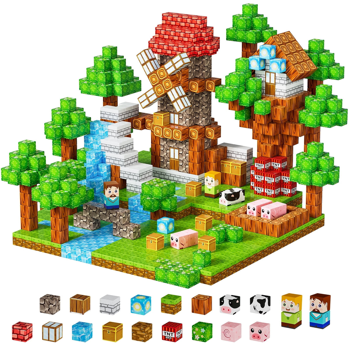 HXFOU 100PCS Forest Castle Magnetic Building Blocks, STEM Building Blocks Toy for Kids Ages 3+