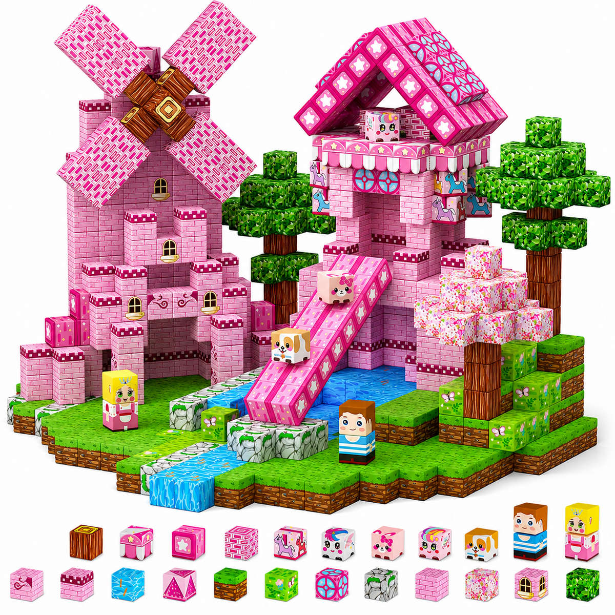HXFOU 100PCS Pink Castle Magnetic Blocks for Kids Ages 3-12, Magnetic Building Cubes Set, Strong Magnet Building Blocks,  STEM Magnetic Toys for Girls