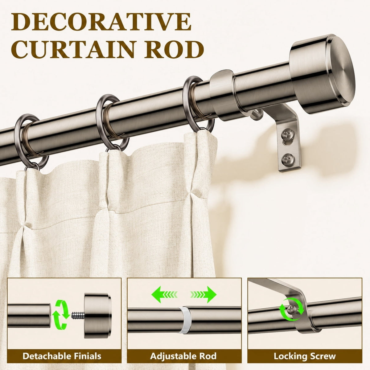 2 Pack Heavy Duty Adjustable Curtain Rods for Windows, 1-Inch Diameter Curtain Rod, 32-150 Inches (Nickel)
