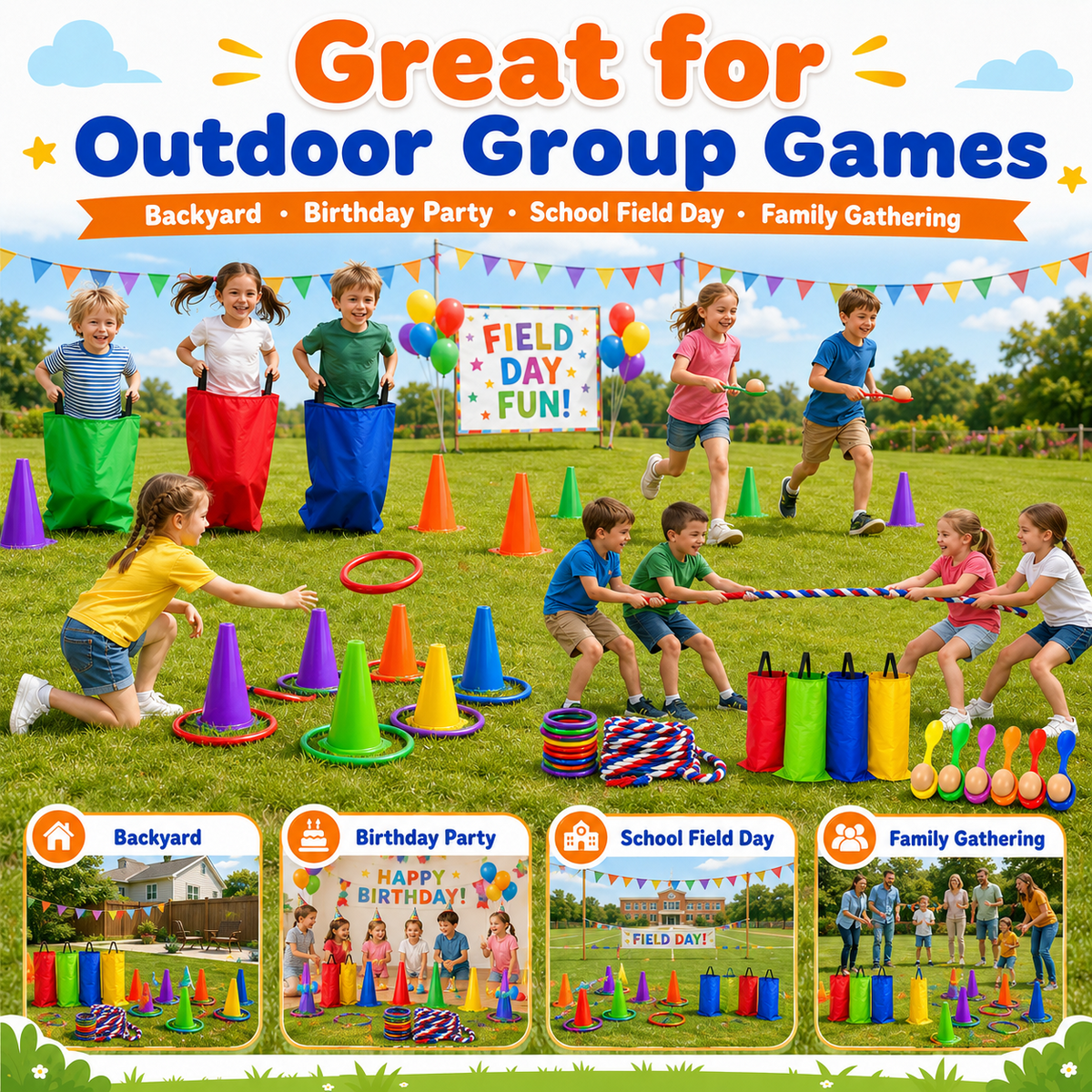 Hxfou 64PCS Outdoor Games Set for Kids, Sack Race Bags, Egg and Spoon Race, Bean Bag Toss, Ring Toss, Cones, Medals, Backyard Field Day Games