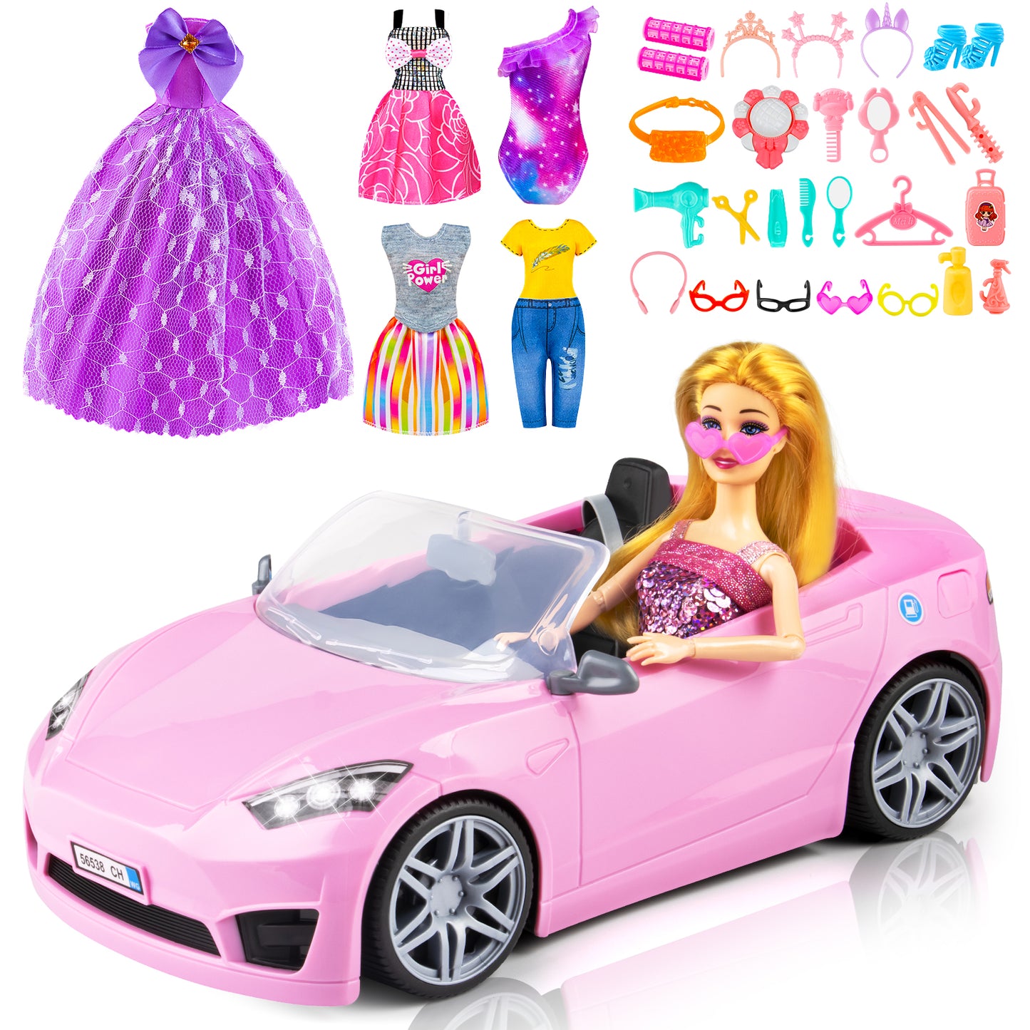 76Pcs Doll Convertible Car Playset,11.5Inch Doll Outfits,Play Gift for Girls Toddlers