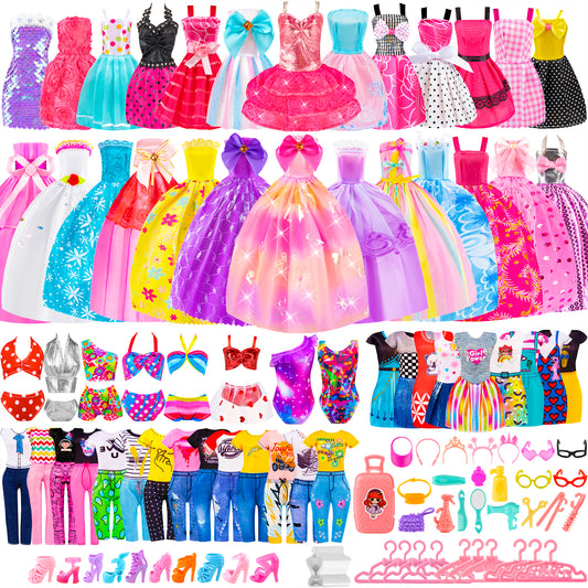 100Pcs Doll Clothes & Accessories for Girls, Dress Up Set with Dresses, Swimwear, Shoes, Hangers, Gift for Kids