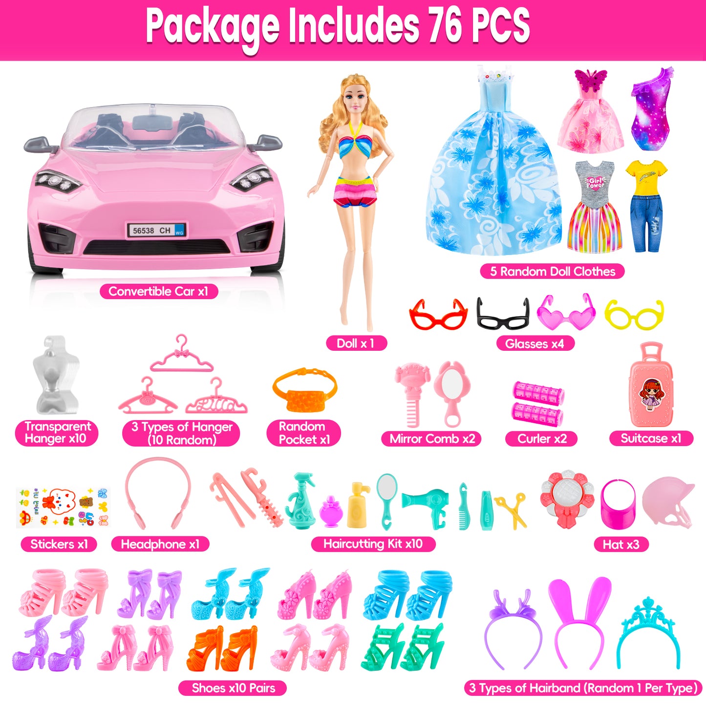 76Pcs Doll Convertible Car Playset,11.5Inch Doll Outfits,Play Gift for Girls Toddlers