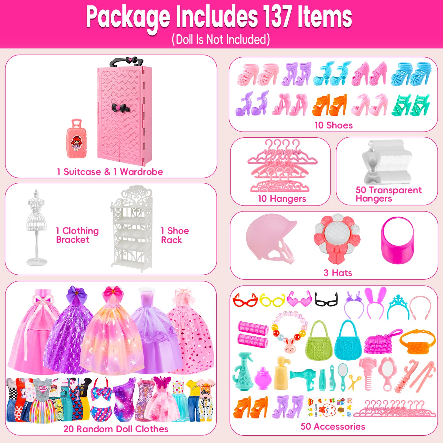 137Pcs Doll Closet for 11.5" Dolls, Clothes & Accessories, Gift for Girls Kids Toddlers