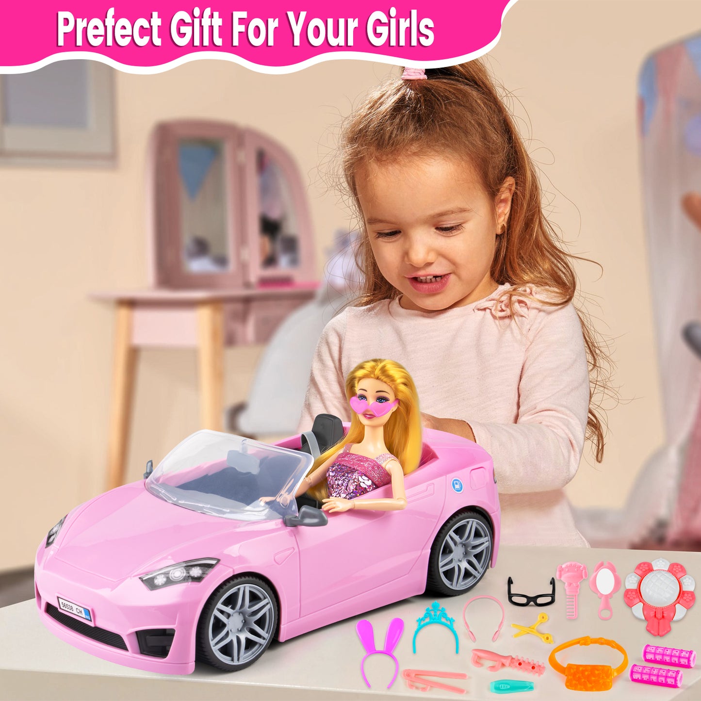 76Pcs Doll Convertible Car Playset,11.5Inch Doll Outfits,Play Gift for Girls Toddlers