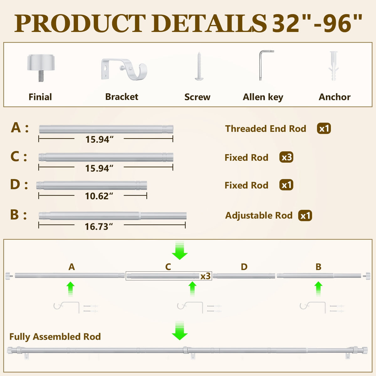 2 Pack Heavy Duty Adjustable Curtain Rods for Windows, 1-Inch Diameter Curtain Rod, 32-96 Inches (White)
