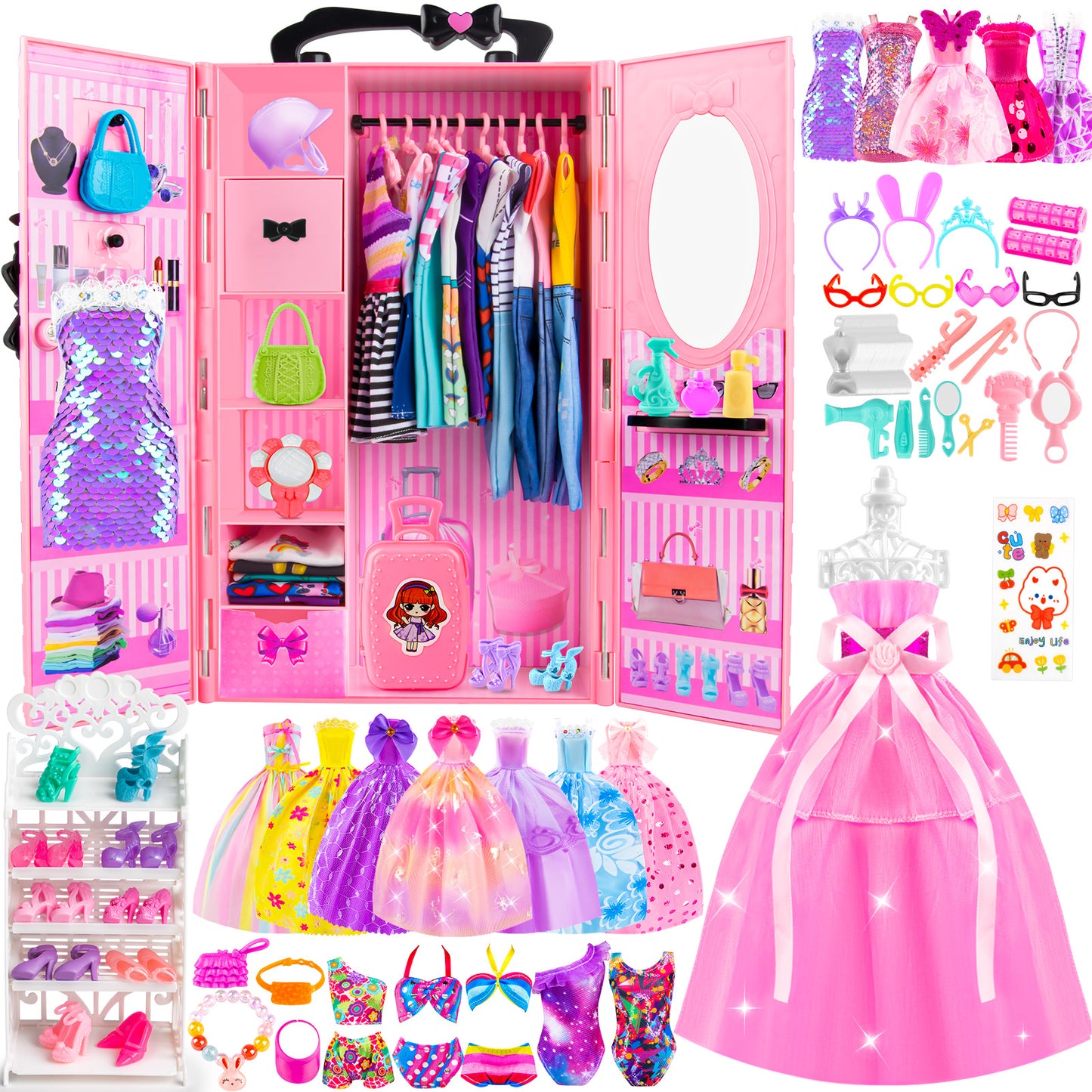 137Pcs Doll Closet for 11.5" Dolls, Clothes & Accessories, Gift for Girls Kids Toddlers