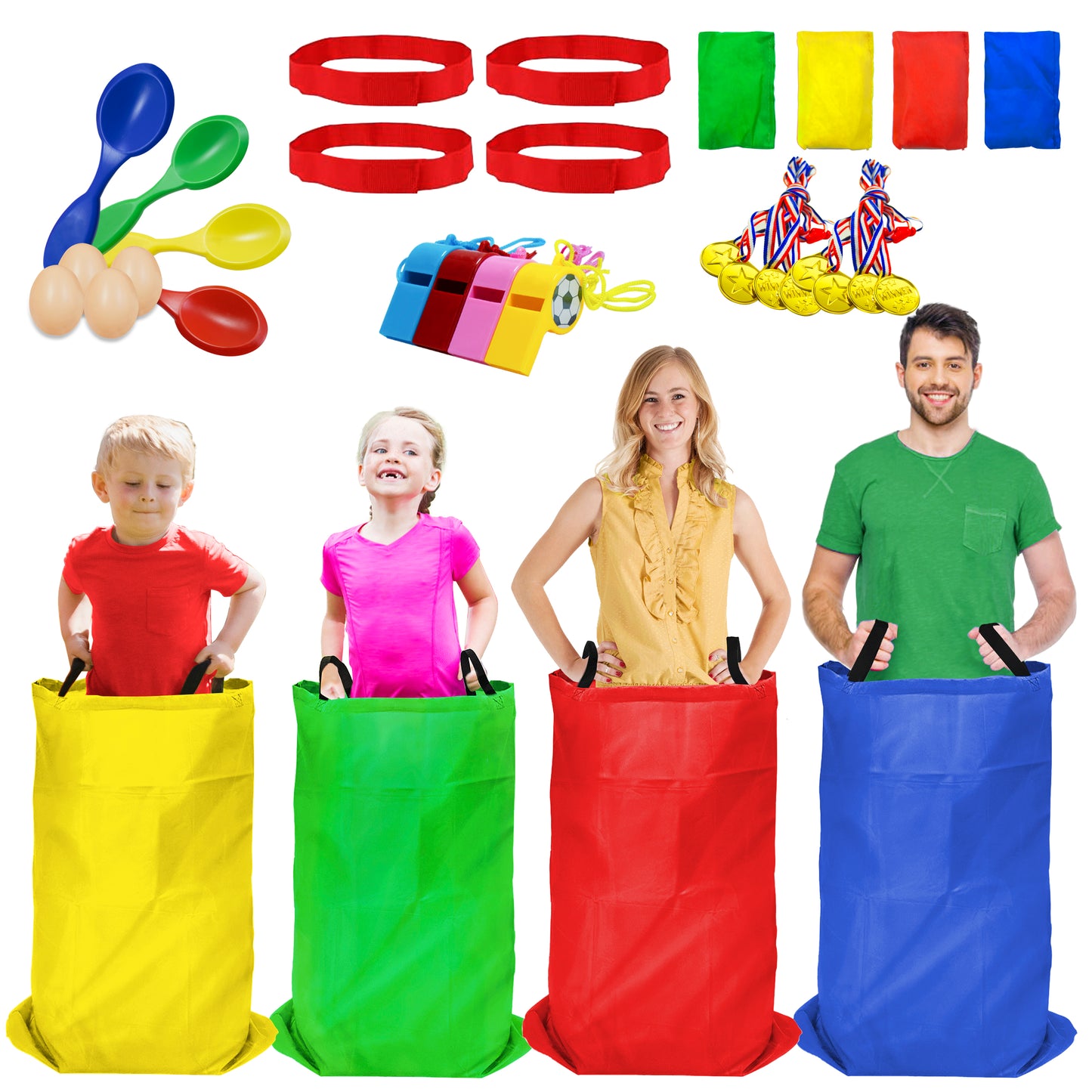 Potato Sack Race Bags, Egg Spoon Race, 3 Legged Races Bands,Bean bag Race， 32PCS Outdoor Games Sets for Birthday Party Field Day Family Reunion Carnival, Kids Adults Outside Yard Lawn Easter Game