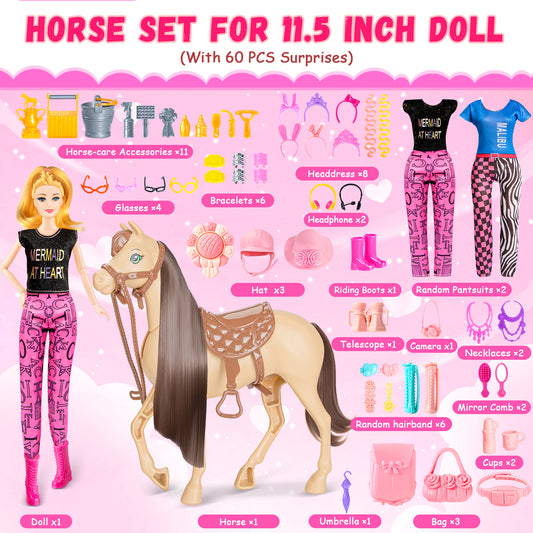60Pcs Doll & Horse Riding Toy Set, 11.5 Inch Fashion Doll, Poseable Horse & Accessories, Ideal Gift for Girls 3+