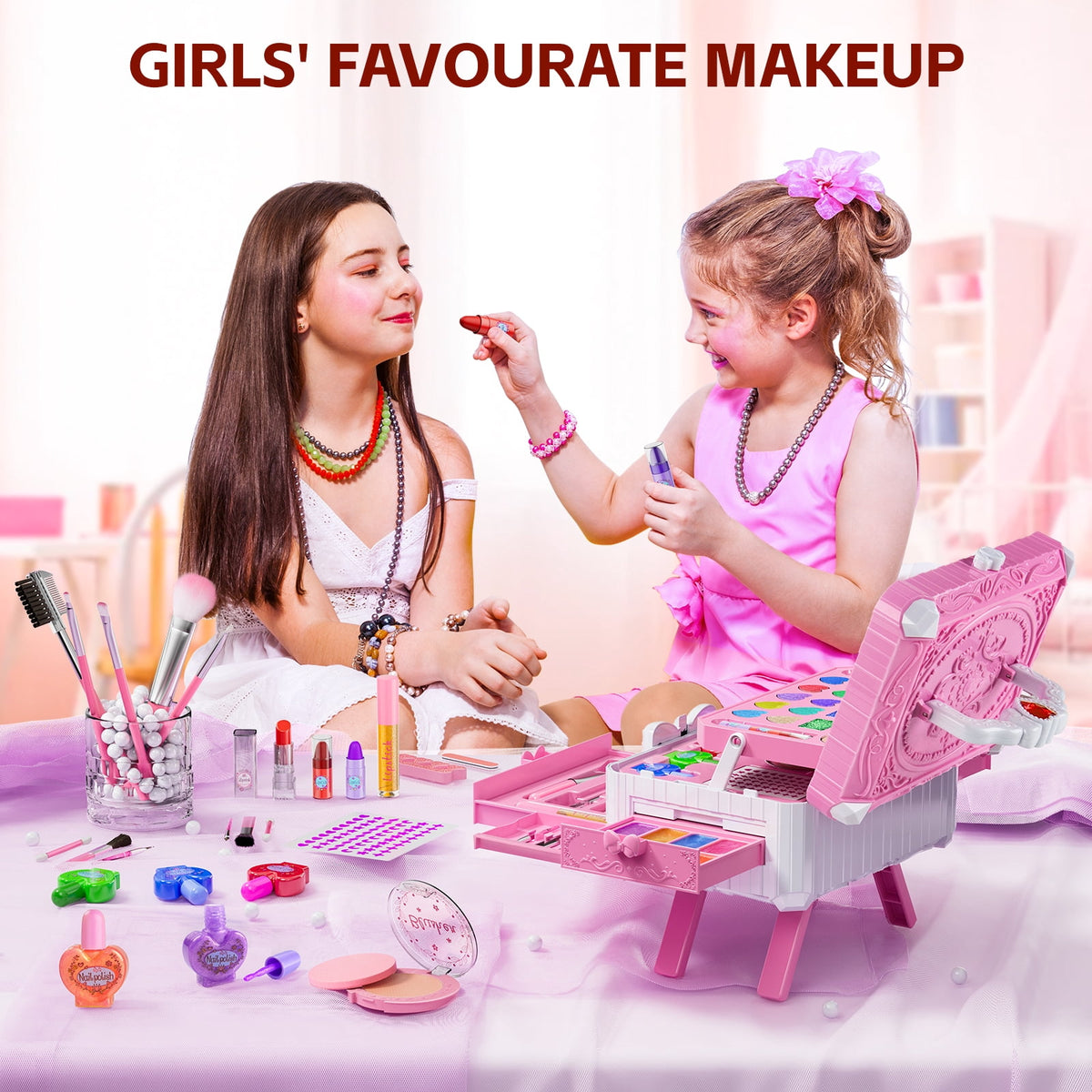 LXUNLN 62PCS Kids Makeup Kit for Girls with Portable Cosmetic Case & Mirror, Washable Makeup Set, Princess Pretend Play Toys, Gifts for Girls Ages 4-9