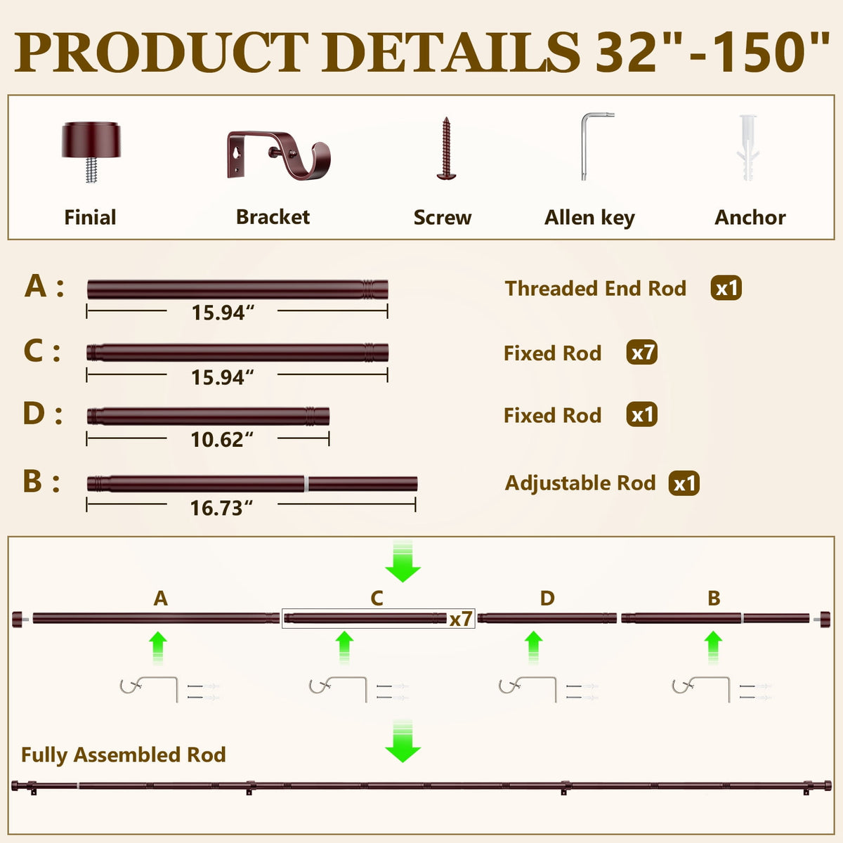 2 Pack Heavy Duty Adjustable Curtain Rods for Windows, 1-Inch Diameter Curtain Rod, 32-150 Inches (Brown)