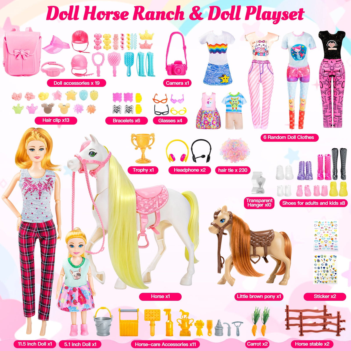 LXUNLN 305PCS Doll Accessories & Doll Clothes Playset with 2 Horses for 11.5 Inch Dolls for Girls Ages 3+