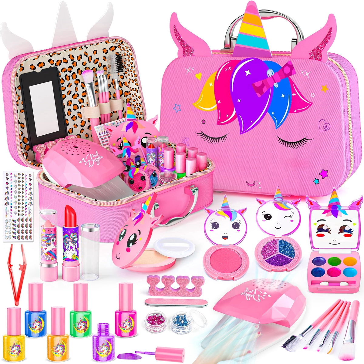 LXUNLN Kids Makeup Kit for Girls Ages 3-12, Unicorn Nail Salon Set & Girl Toy(Pink)