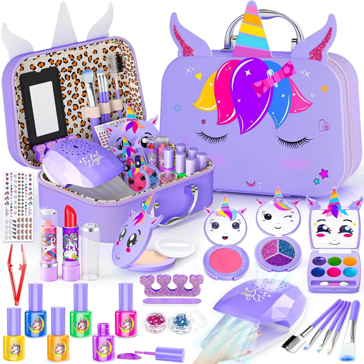 LXUNLN Kids Makeup Kit for Girls Ages 3-12, 2-in-1 Nail Salon Set with Unicorn Case(Purple)