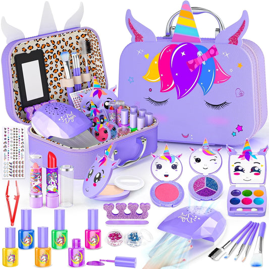 LXUNLN Kids Makeup Kit for Girls Ages 3-12, 2-in-1 Nail Salon Set with Unicorn Case(Purple)
