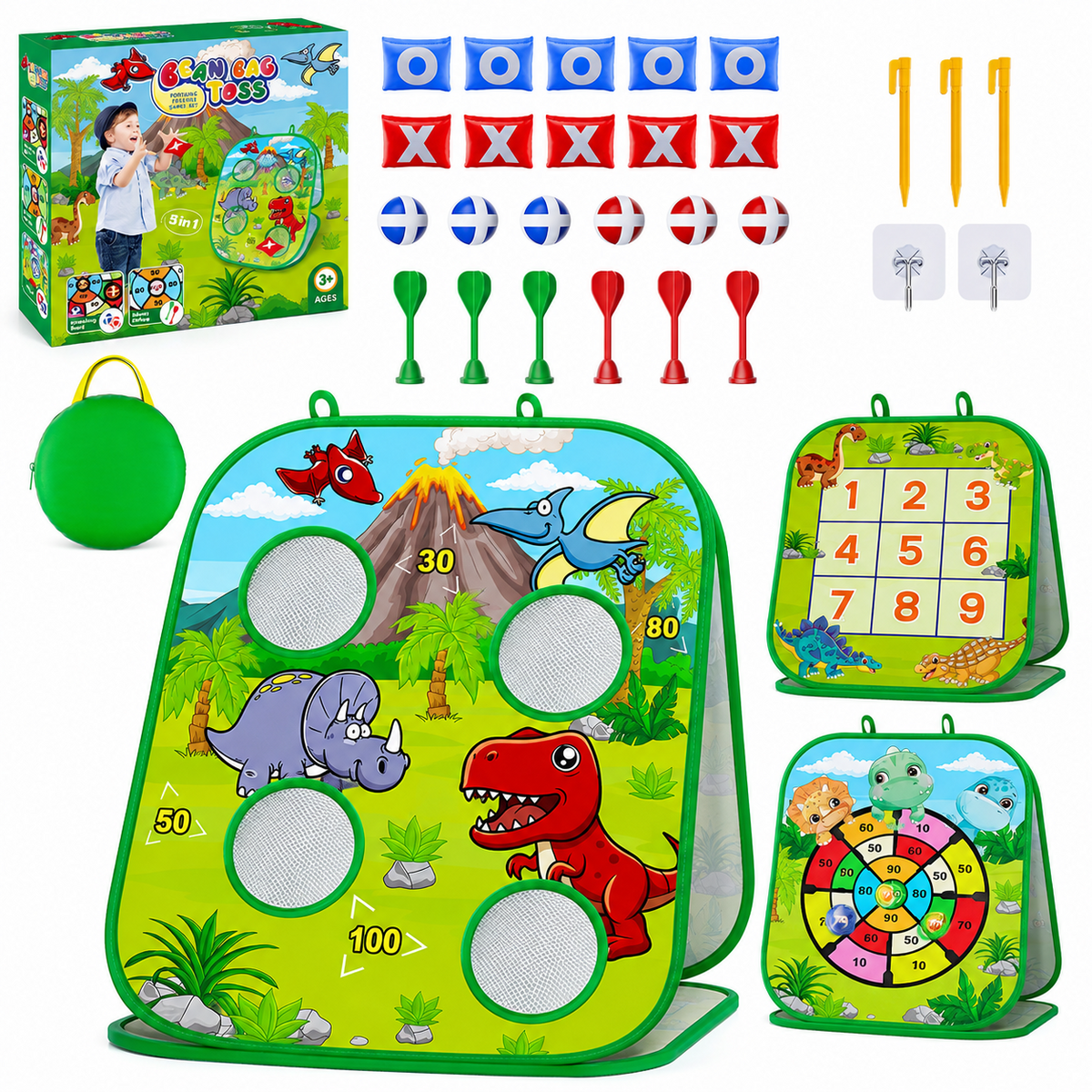 2-in-1 Dinosaur Bean Bag Toss Game, HXFOU Cornhole Set with 8 Cornhole Bags, Outdoor Toys for Toddlers 3-5, Backyard & Carnival Yard Games for Kids & Adults