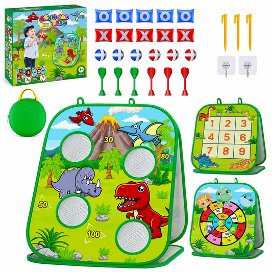 2-in-1 Dinosaur Bean Bag Toss Game, HXFOU Cornhole Set with 8 Cornhole Bags, Outdoor Toys for Toddlers 3-5, Backyard & Carnival Yard Games for Kids & Adults