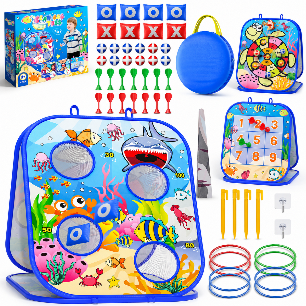 HXFOU 5-in-1 Bean Bag Toss Game for Kids,Pop Up Cornhole Set with Sticky Dart Board,Ring Toss and Tic Tac Toe, Indoor Outdoor Toss Game,Yard Games,Birthday Gifts for Boys Girls Ages 3-8