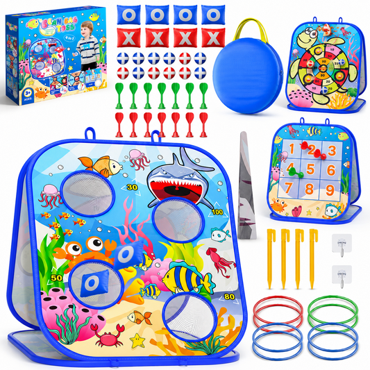 HXFOU 5-in-1 Bean Bag Toss Game for Kids,Pop Up Cornhole Set with Sticky Dart Board,Ring Toss and Tic Tac Toe, Indoor Outdoor Toss Game,Yard Games,Birthday Gifts for Boys Girls Ages 3-8