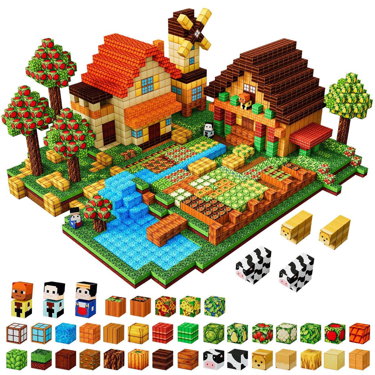 HXFOU Magnetic Blocks Farm Set, 200PCS STEM Magnetic Building Cubes Blocks Toy for Kids Ages 3+
