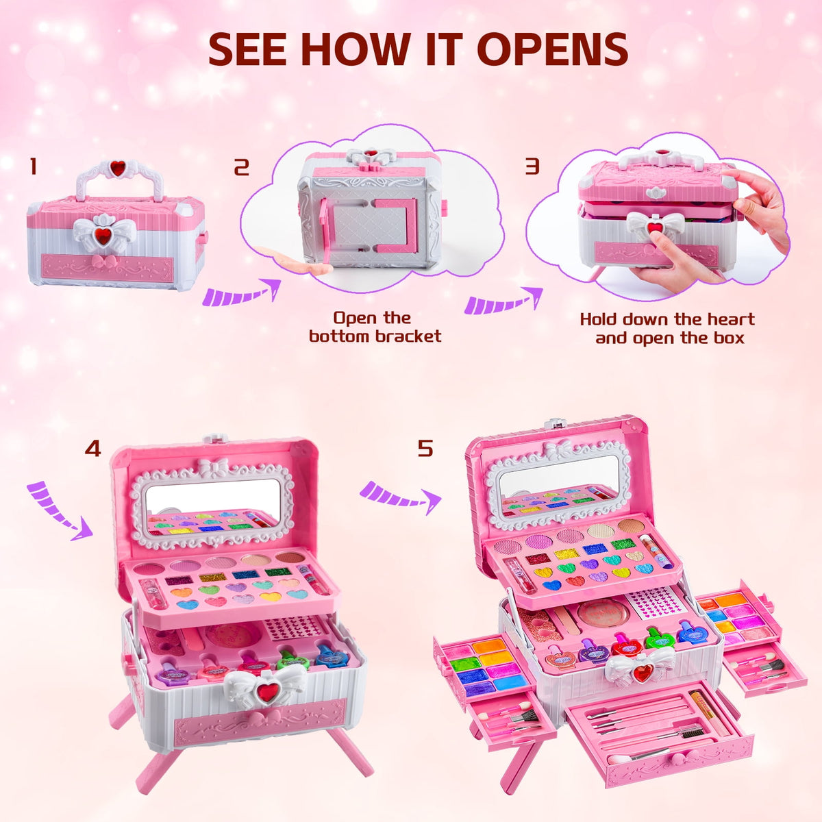 LXUNLN 62PCS Kids Makeup Kit for Girls with Portable Cosmetic Case & Mirror, Washable Makeup Set, Princess Pretend Play Toys, Gifts for Girls Ages 4-9
